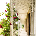 Exterior shot of garden, flower/rose arch walkway